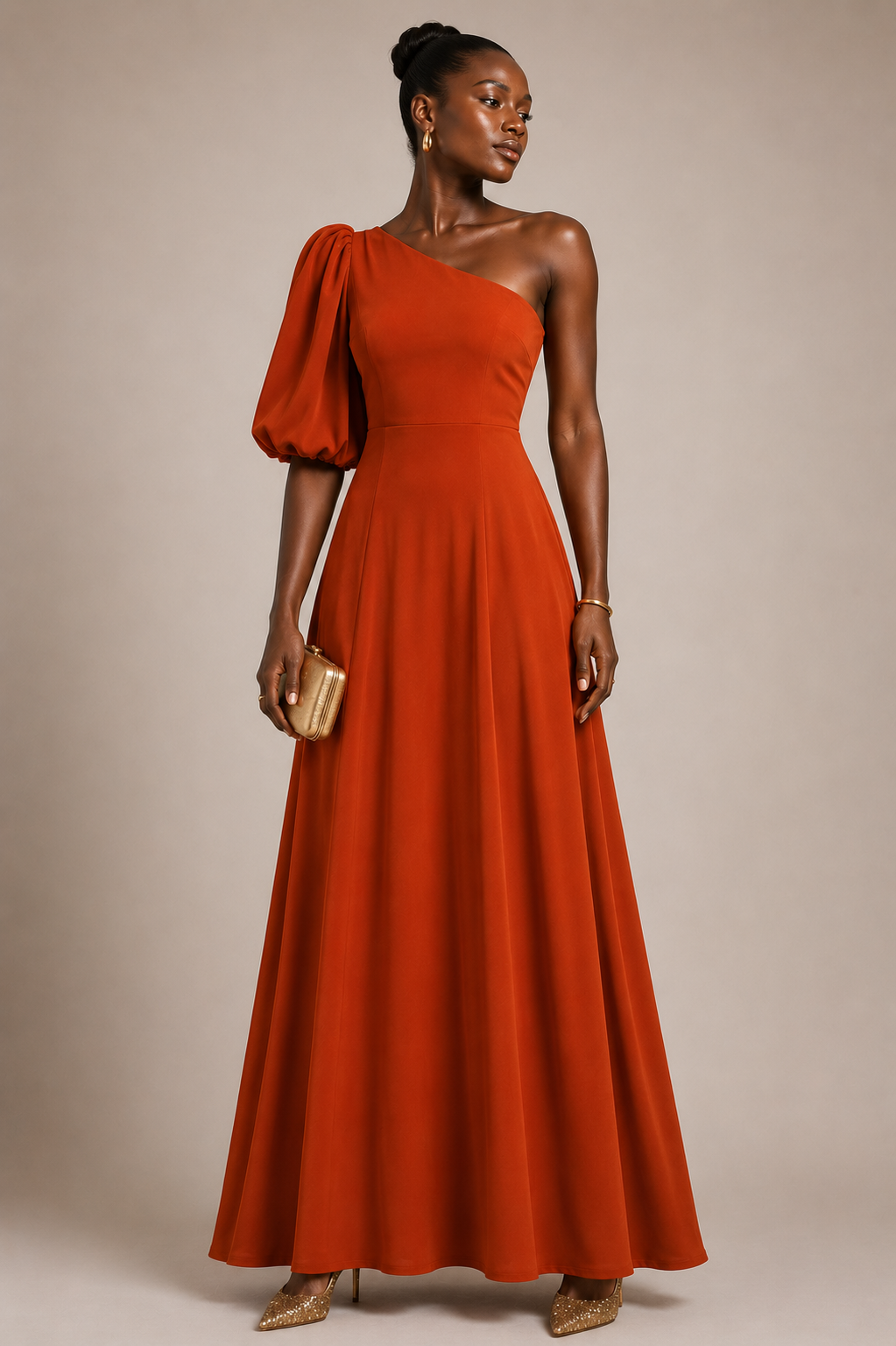 Rust orange mono-sleeve maxi dress