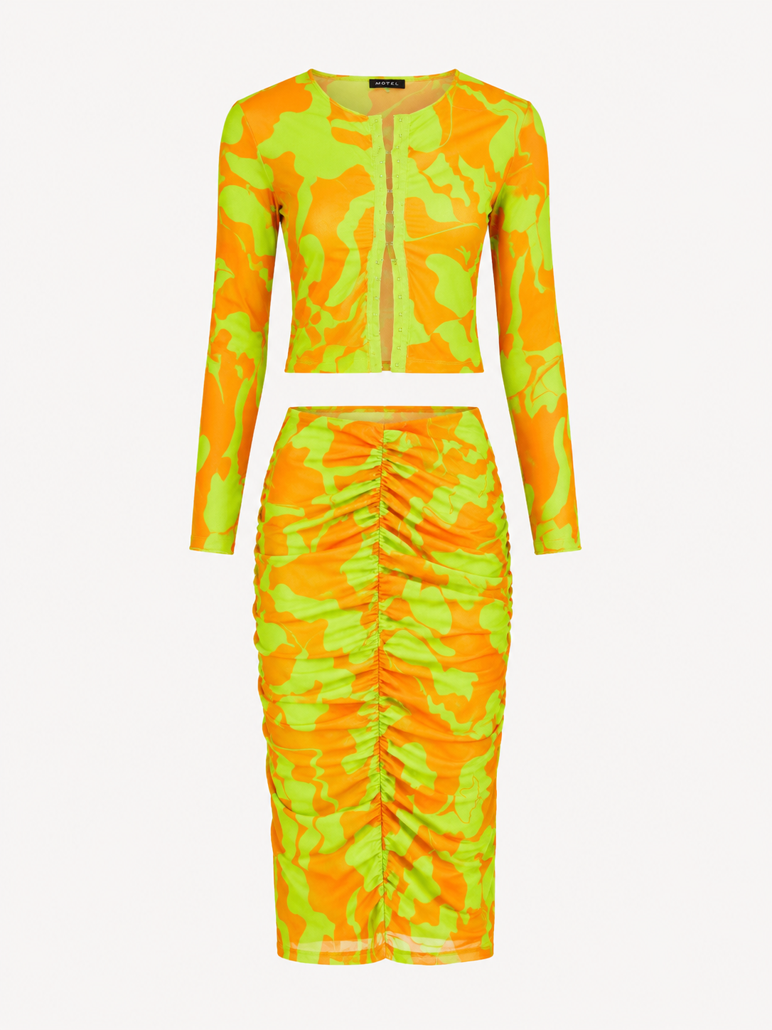 Vero Moda X Joann Van Den Herik mesh long sleeved top co-ord in orange and lime print