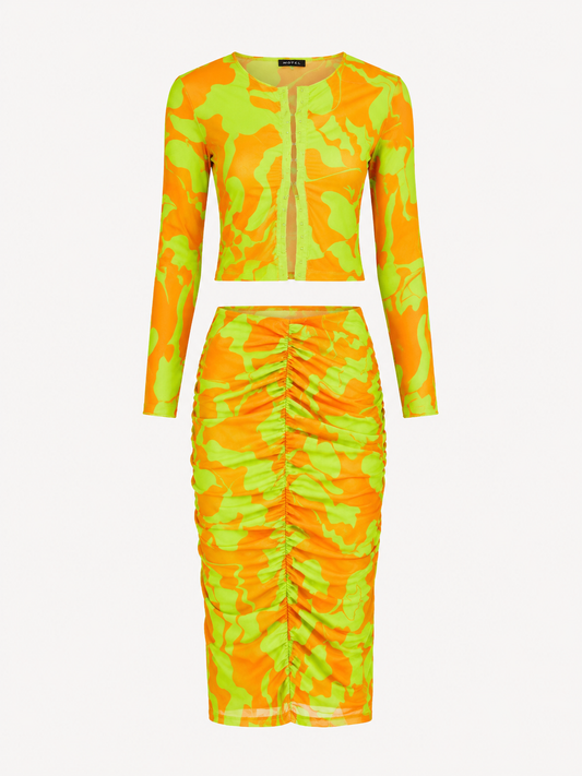 Vero Moda X Joann Van Den Herik mesh long sleeved top co-ord in orange and lime print