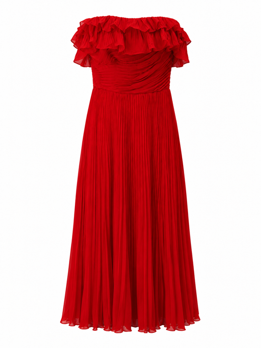 Scarlet Pleated Ruffle Gown