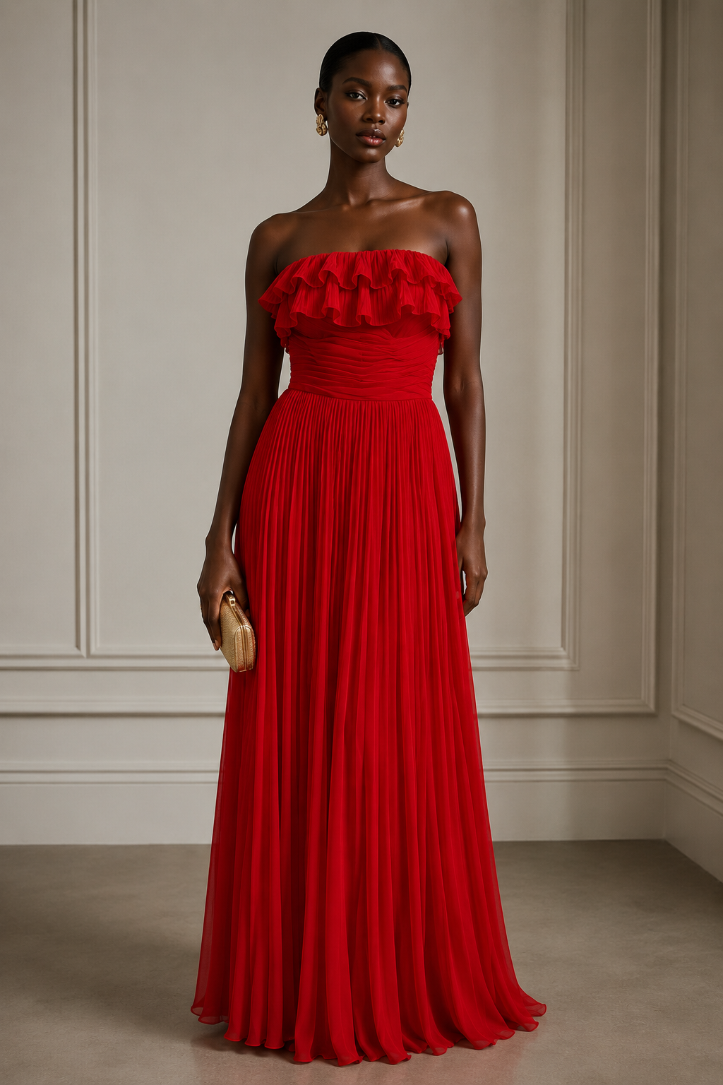 Scarlet Pleated Ruffle Gown
