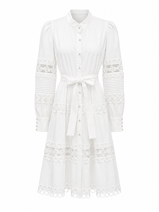 Elegant White Lace Mini Shirt Dress