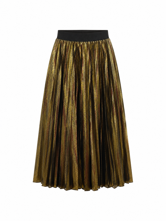 Metallic Gold Pleated Midi Skirt