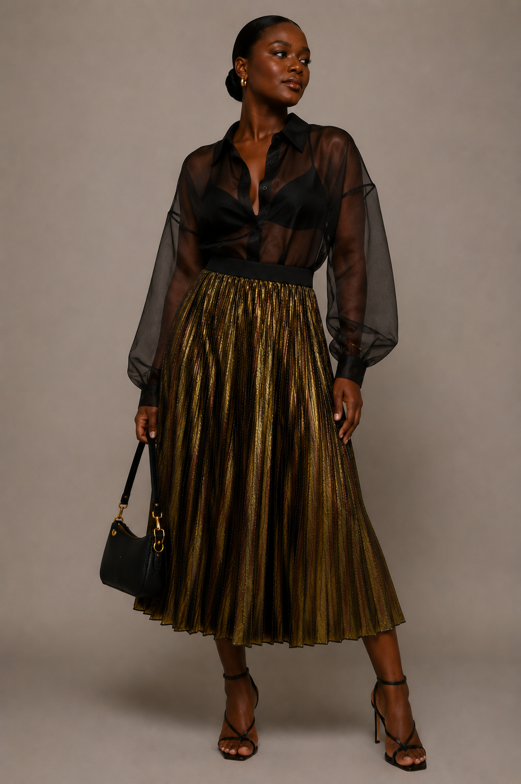 Metallic Gold Pleated Midi Skirt