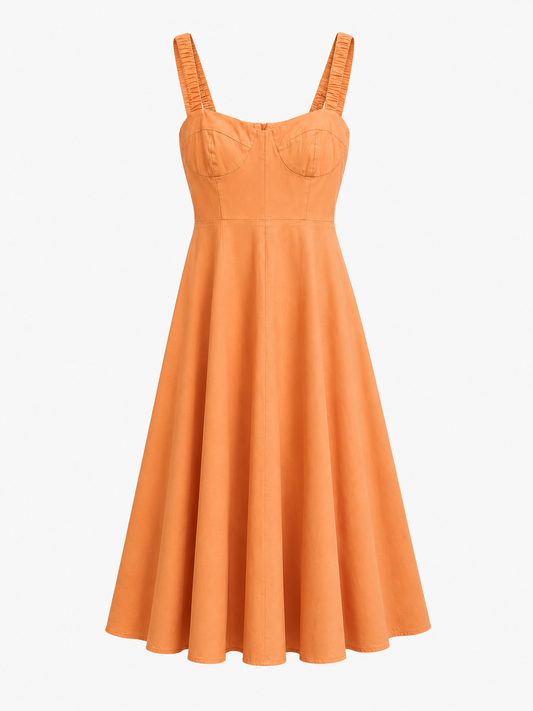 Apricot Gathered-Strap Midi Dress