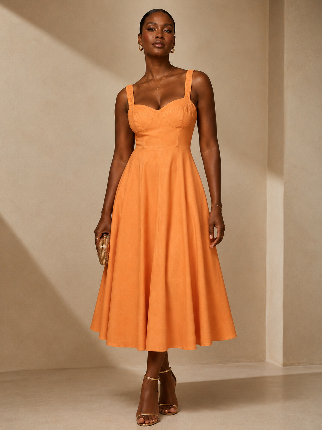 Apricot Gathered-Strap Midi Dress