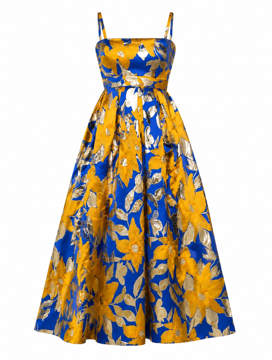 Blue and yellow floral brocade Barkerswoode gown