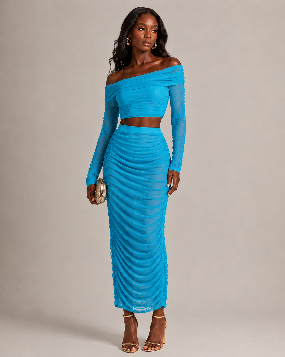 SHEIN Turquoise Ruched Mesh Co-Ord Set