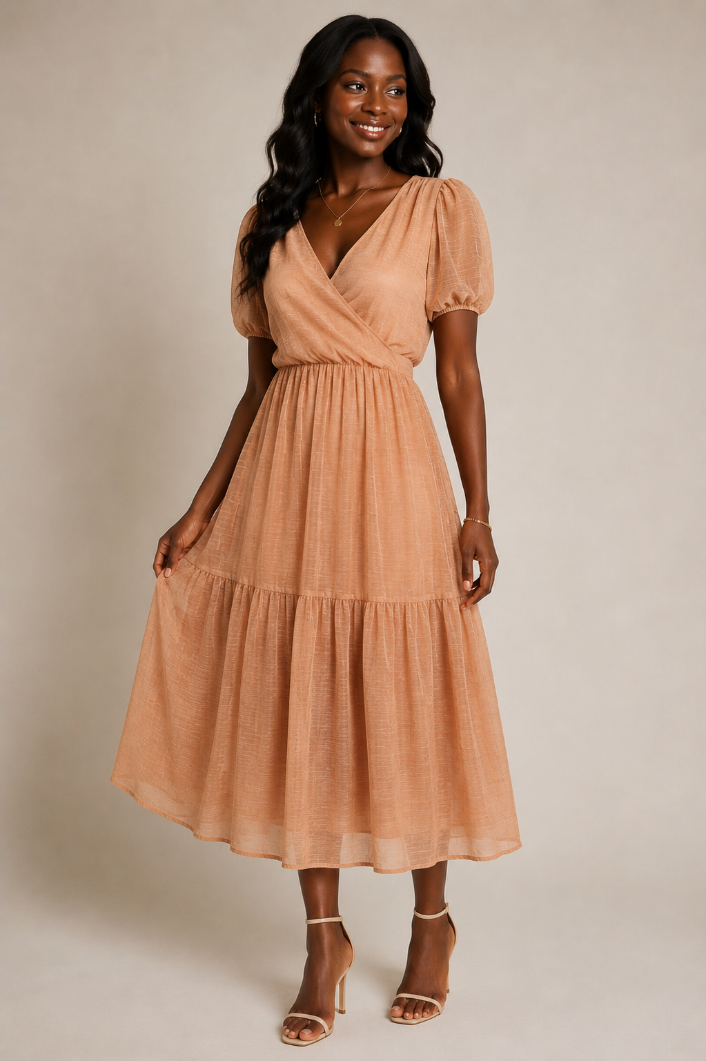 Peach Textured Tiered Midi Dress