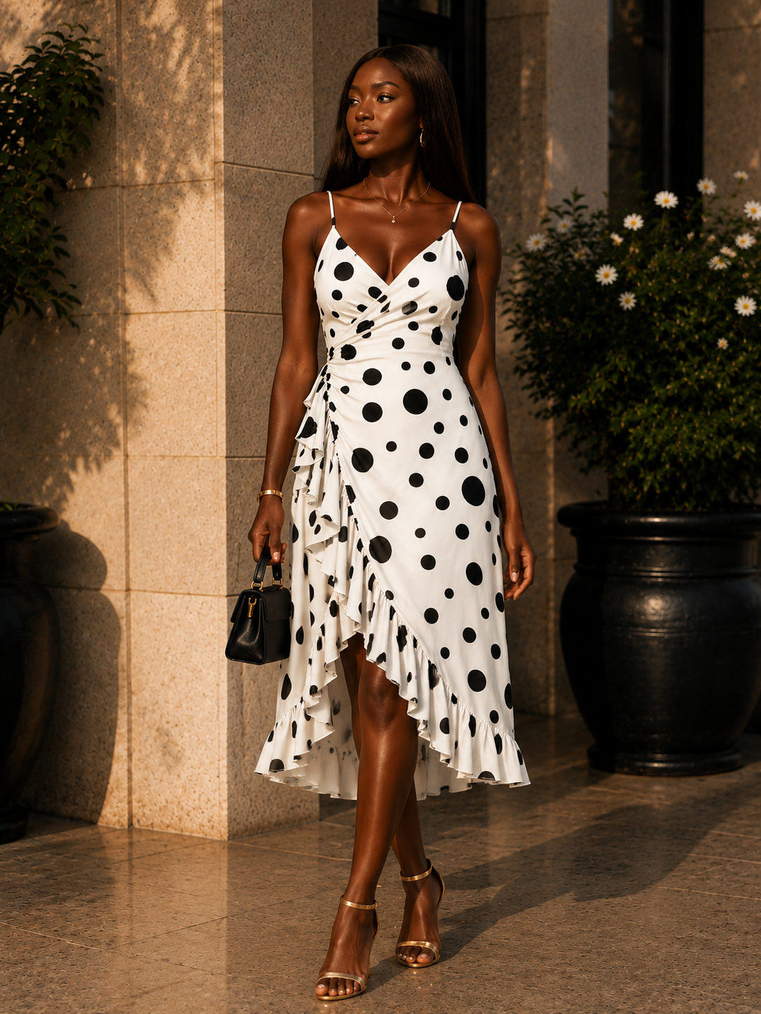 WHITE AND BLACK POLKA DOT FOREVER UNIQUE SPAGHETTI STRAP WRAP MIDI DRESS