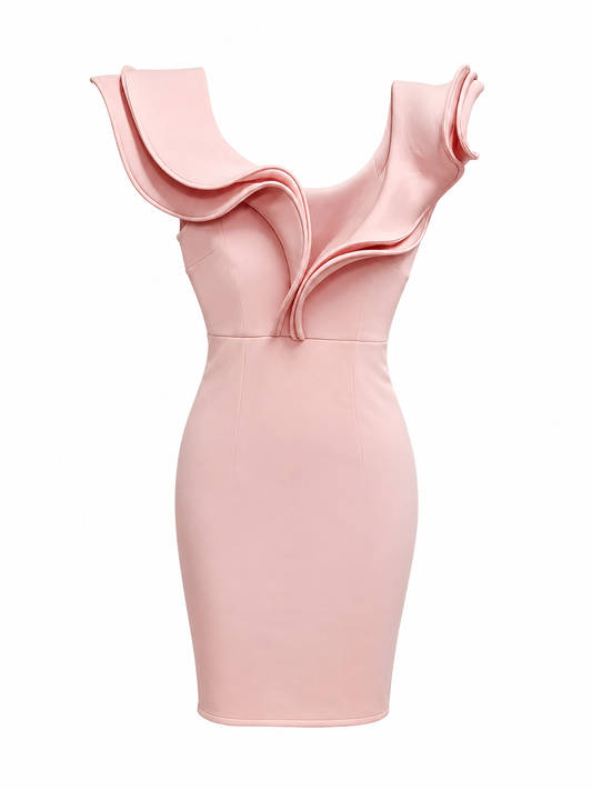 Blush mini dress with exaggerated neckline