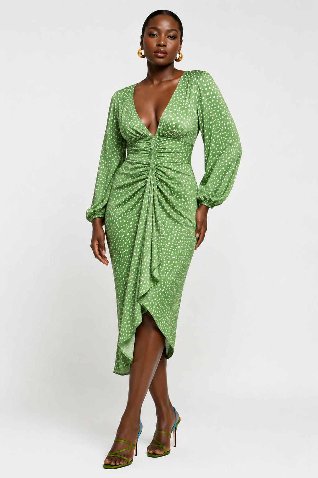 PrettyLittleThing Green Polka Dot Ruched Midi Dress