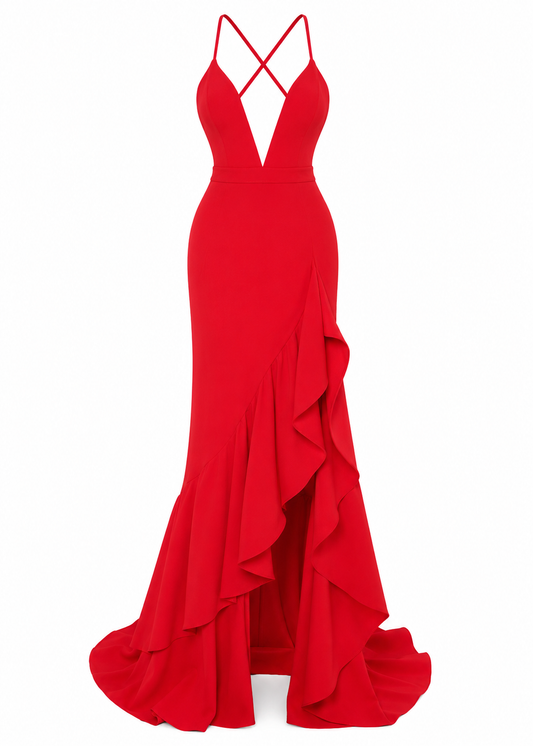 Fashion Nova Red Plunge Mermaid Gown