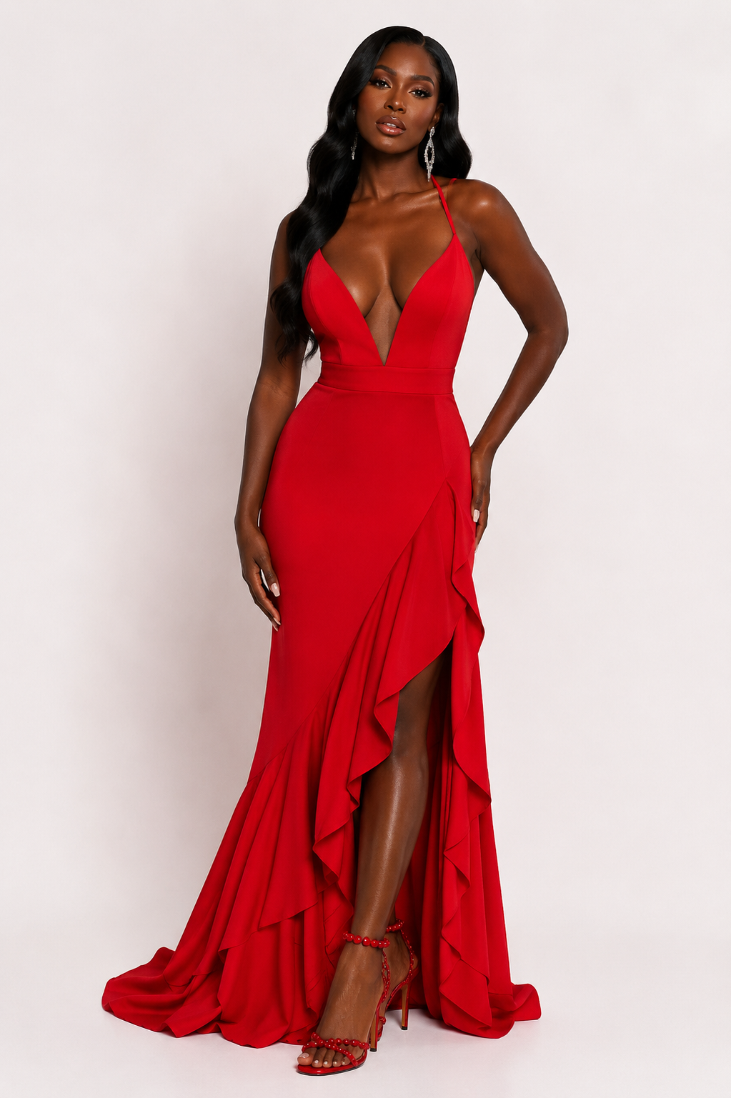 Fashion Nova Red Plunge Mermaid Gown