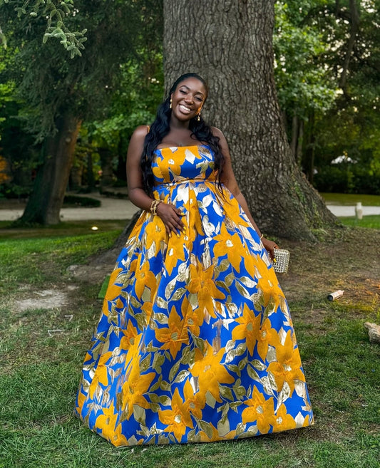 Blue and yellow floral brocade Barkerswoode gown