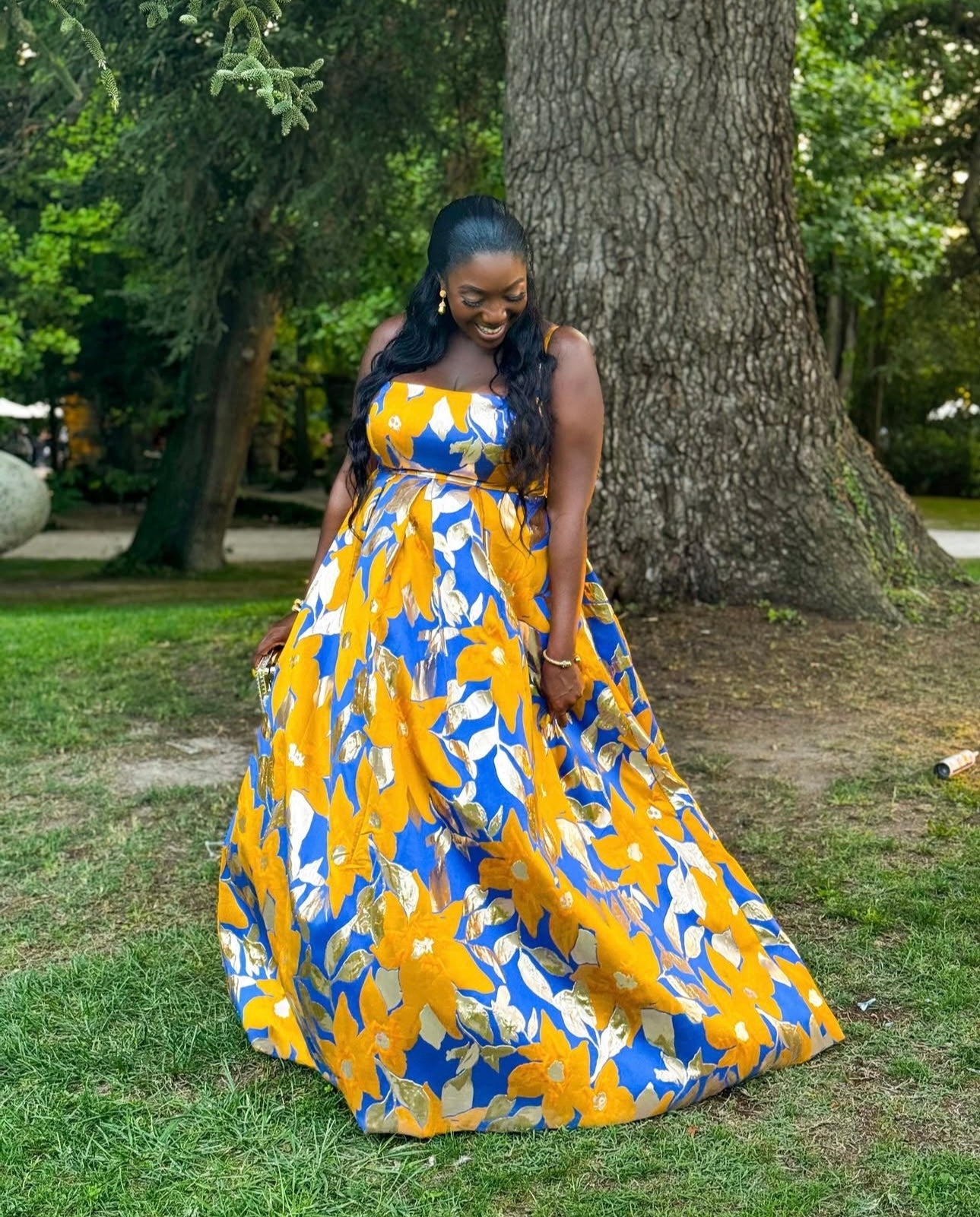 Blue and yellow floral brocade Barkerswoode gown