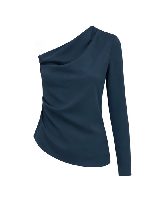 TEAL ONE HAND LONG SLEEVES RUCHED BLOUSE