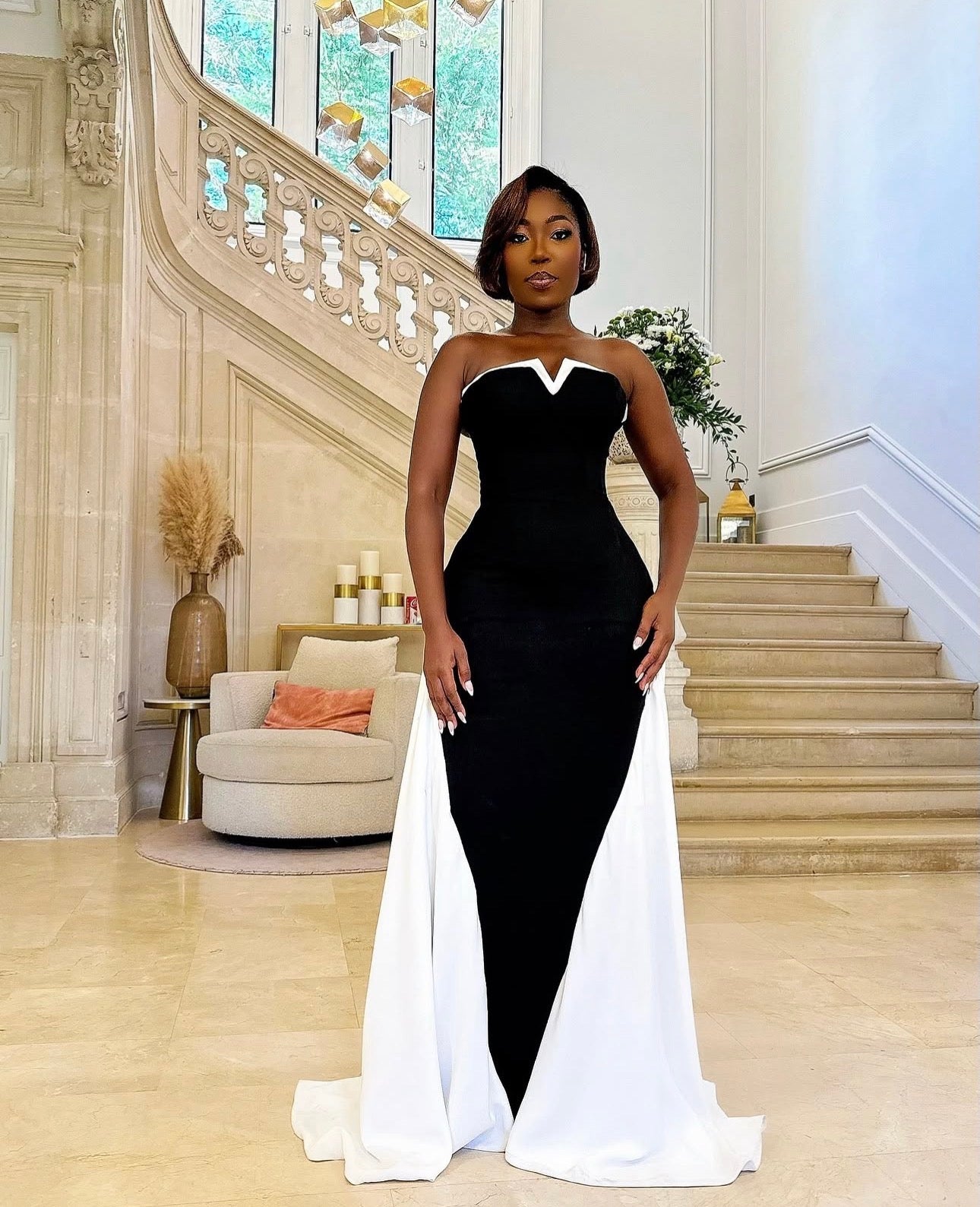 BLACK AND WHITE SHAPES BY NELSON STRAPLESS FITTED GOWN