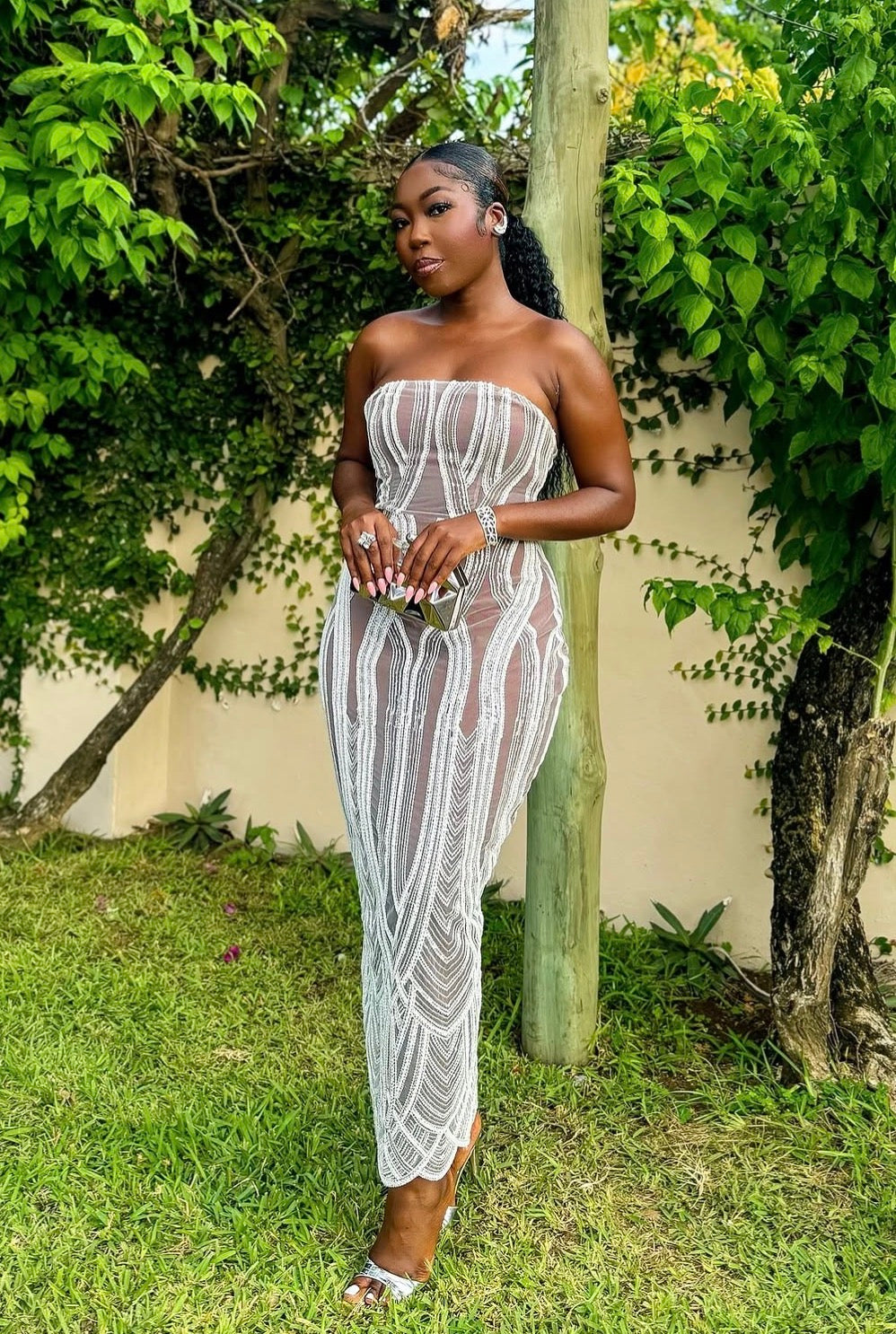 WHITE BEADED STRAPLESS OMETSEY MIDI DRESS