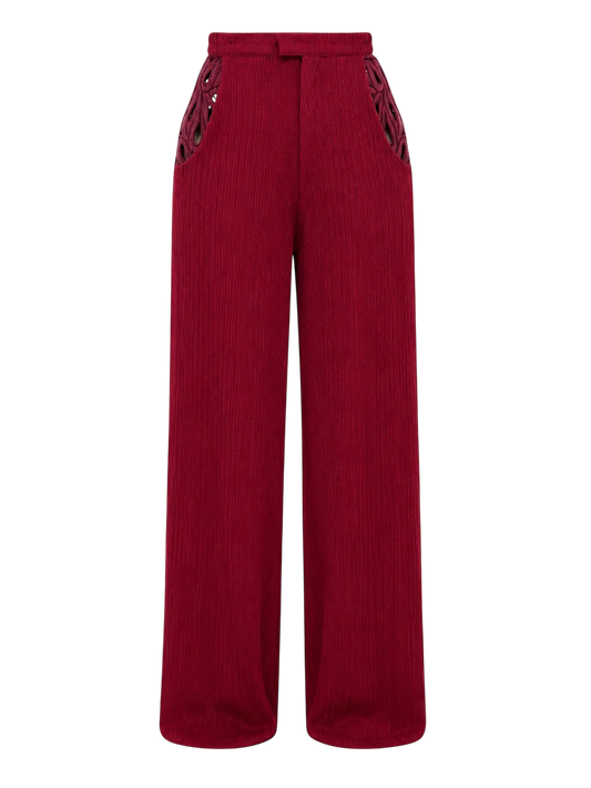 Burgundy Christie Brown trousers with stencil pocket detai
