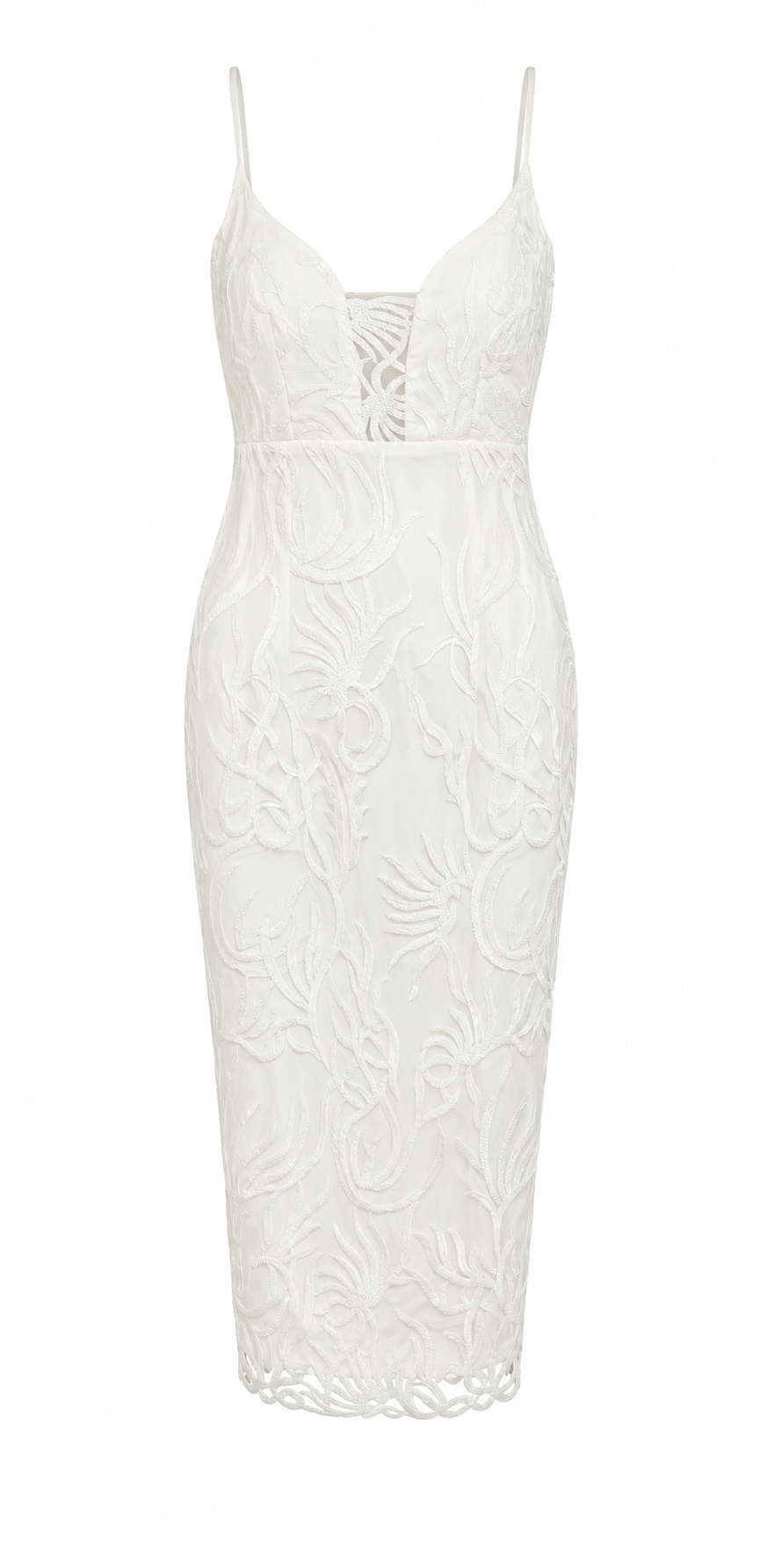 WHITE BEADED LACE SPAGHETTI STRAP MIDI DRESS
