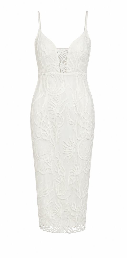WHITE BEADED LACE SPAGHETTI STRAP MIDI DRESS