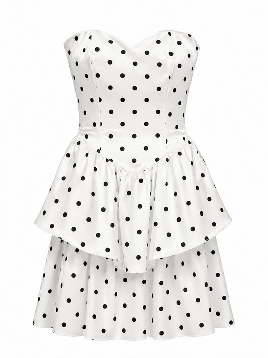 WHITE AND BLACK TIERED POLKA DOT MINI DRESS