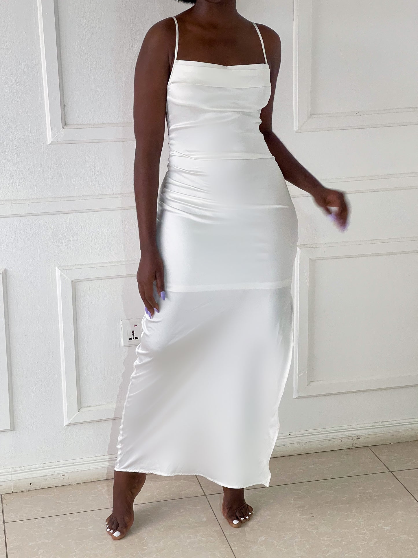 Satin cowl maxi dress with thigh high slits
