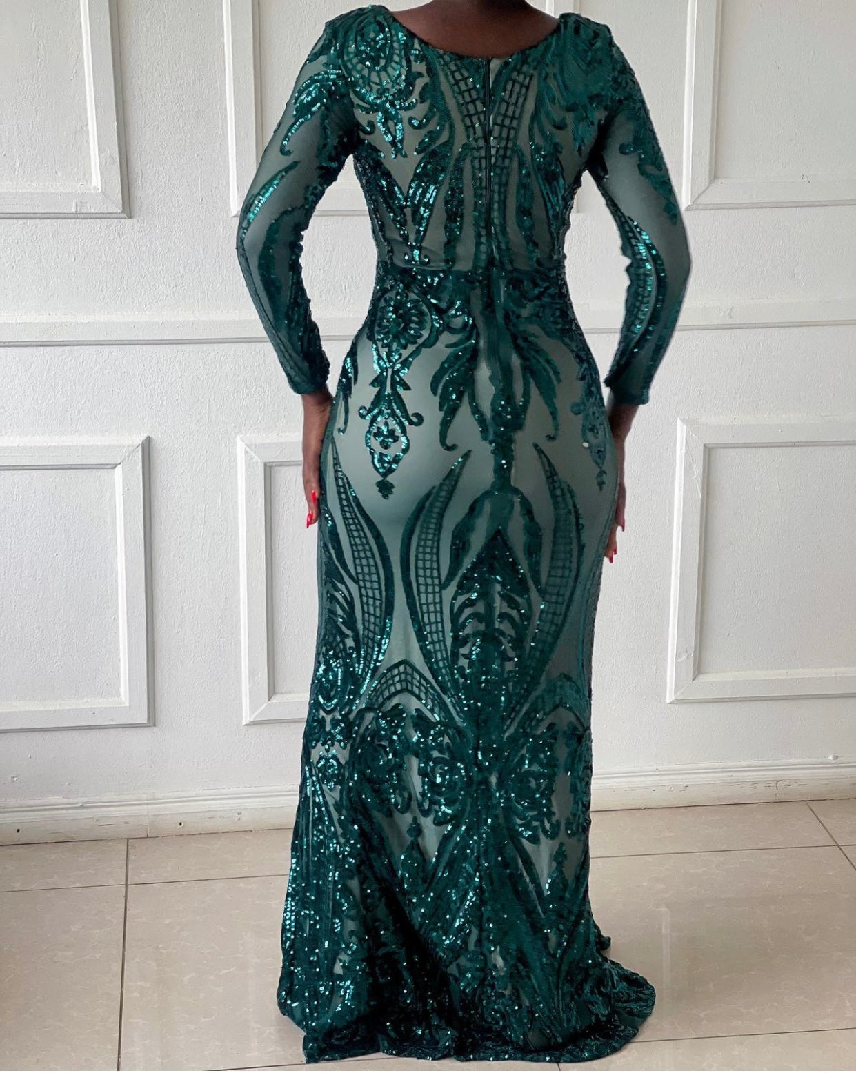 Sequin lace long sleeve gown
