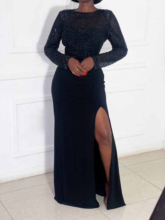 Beaded black gown with open back
