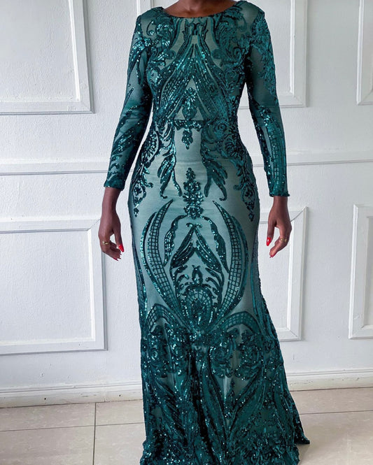 Sequin lace long sleeve gown