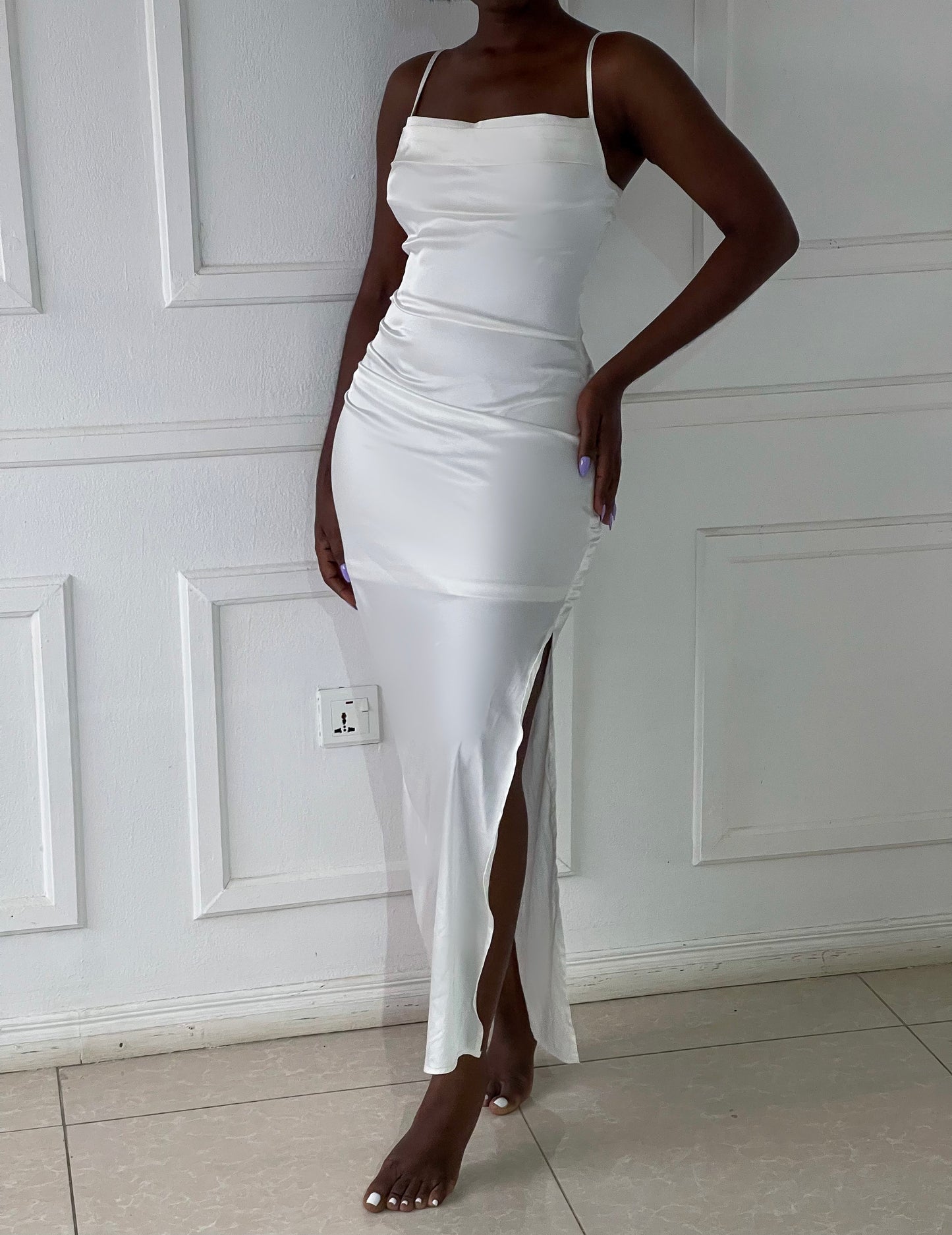 Satin cowl maxi dress with thigh high slits