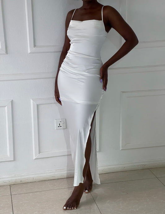 Satin cowl maxi dress with thigh high slits