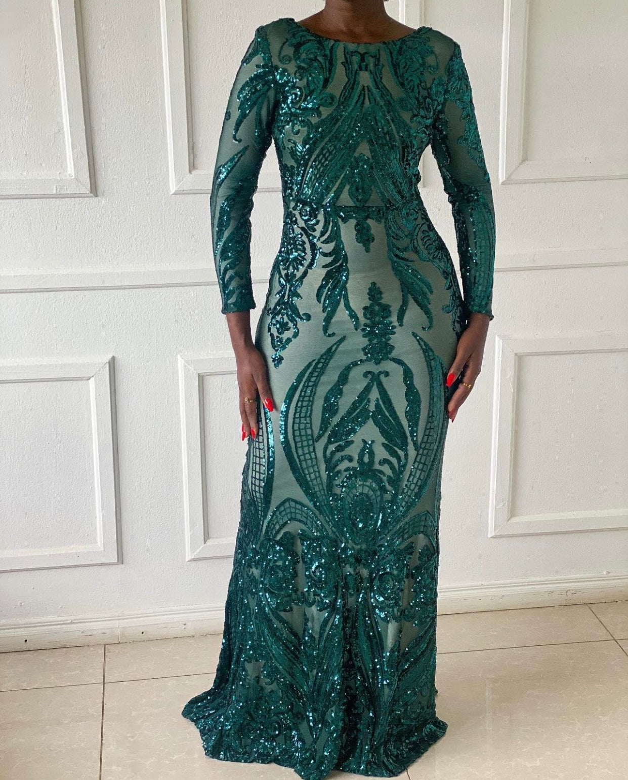 Sequin lace long sleeve gown