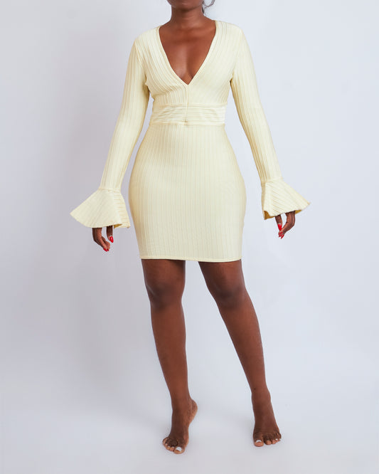 Cream bandage mini dress with flare cuff