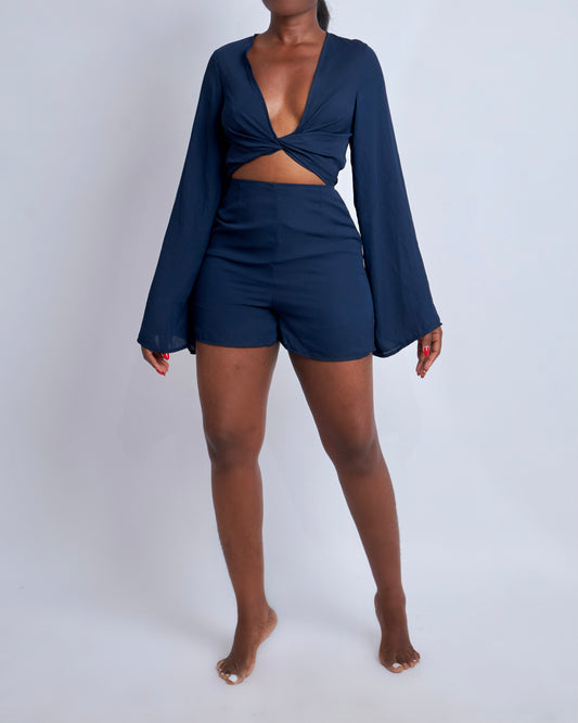 Navy flare sleeve playsuit with keyhole
