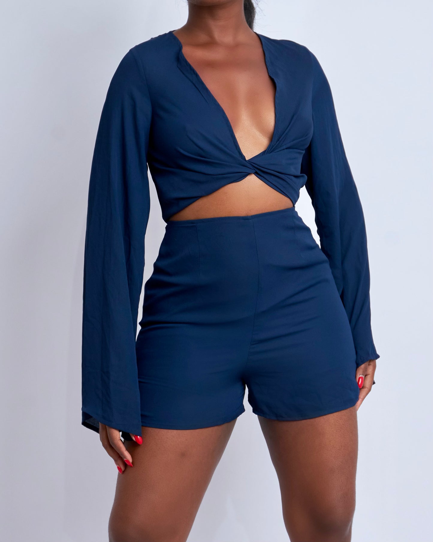 Navy flare sleeve playsuit with keyhole