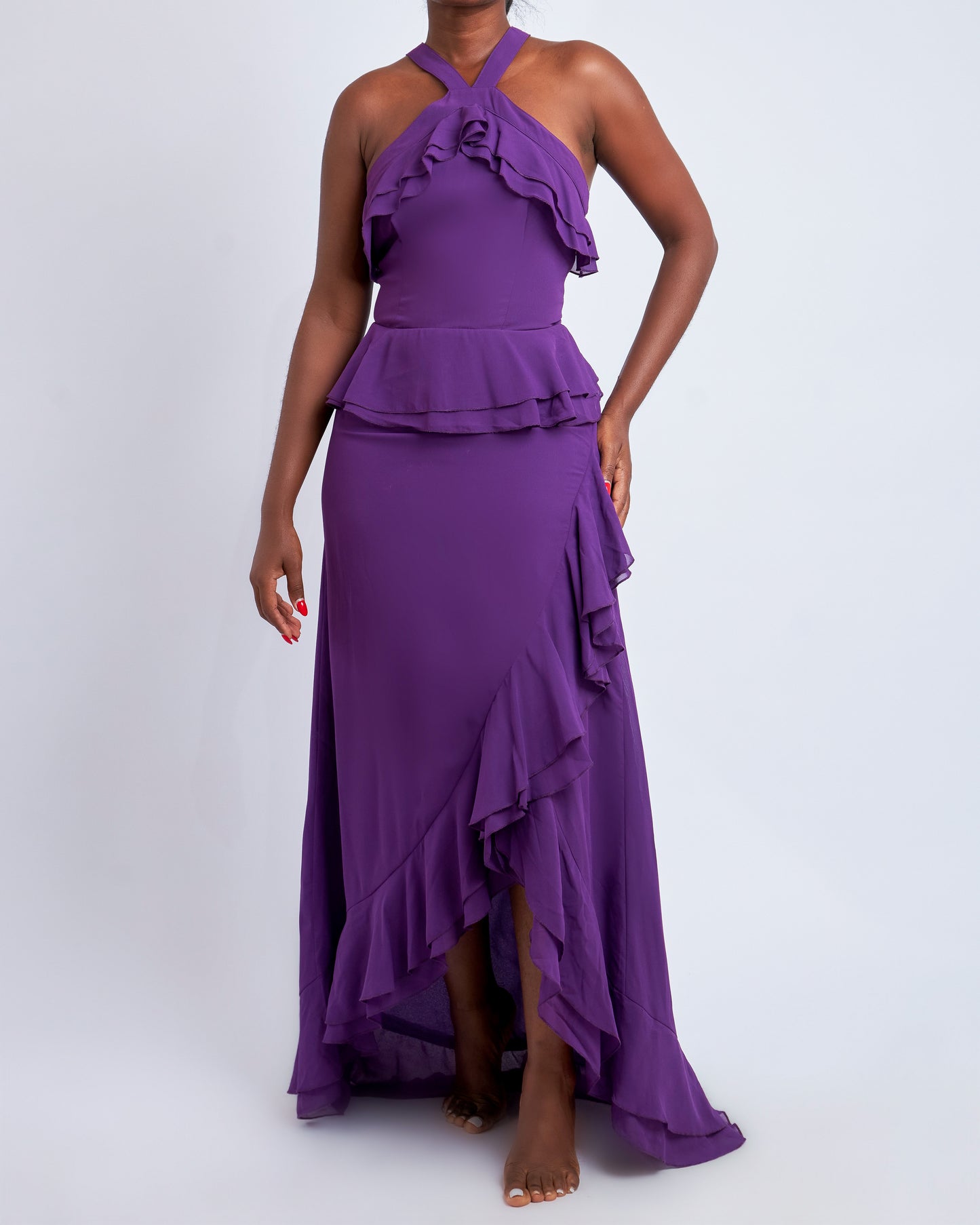 True Decadence ruffle maxi dress with a wrap slit