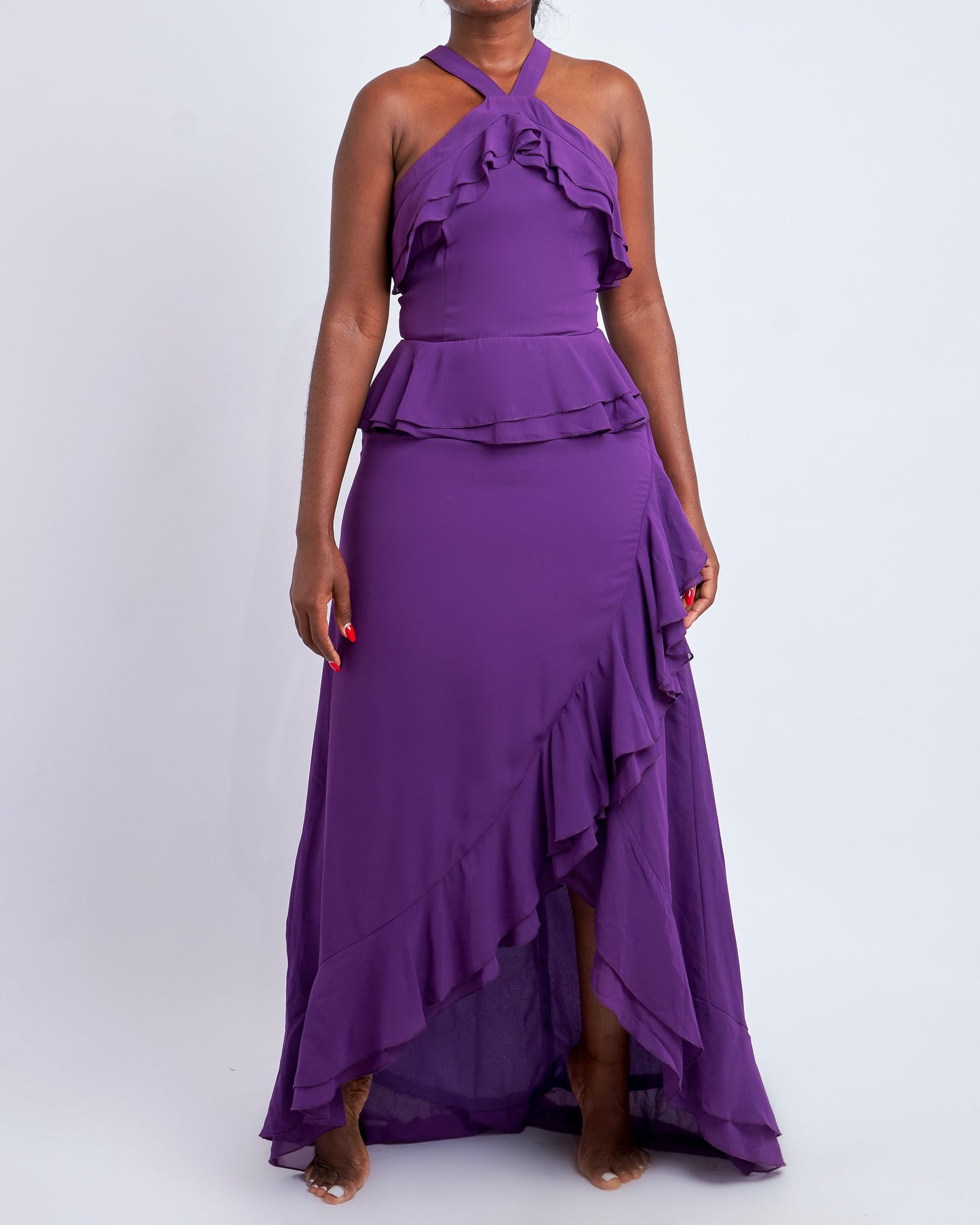 True Decadence ruffle maxi dress with a wrap slit