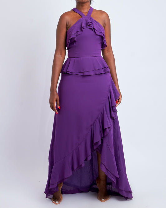 True Decadence ruffle maxi dress with a wrap slit