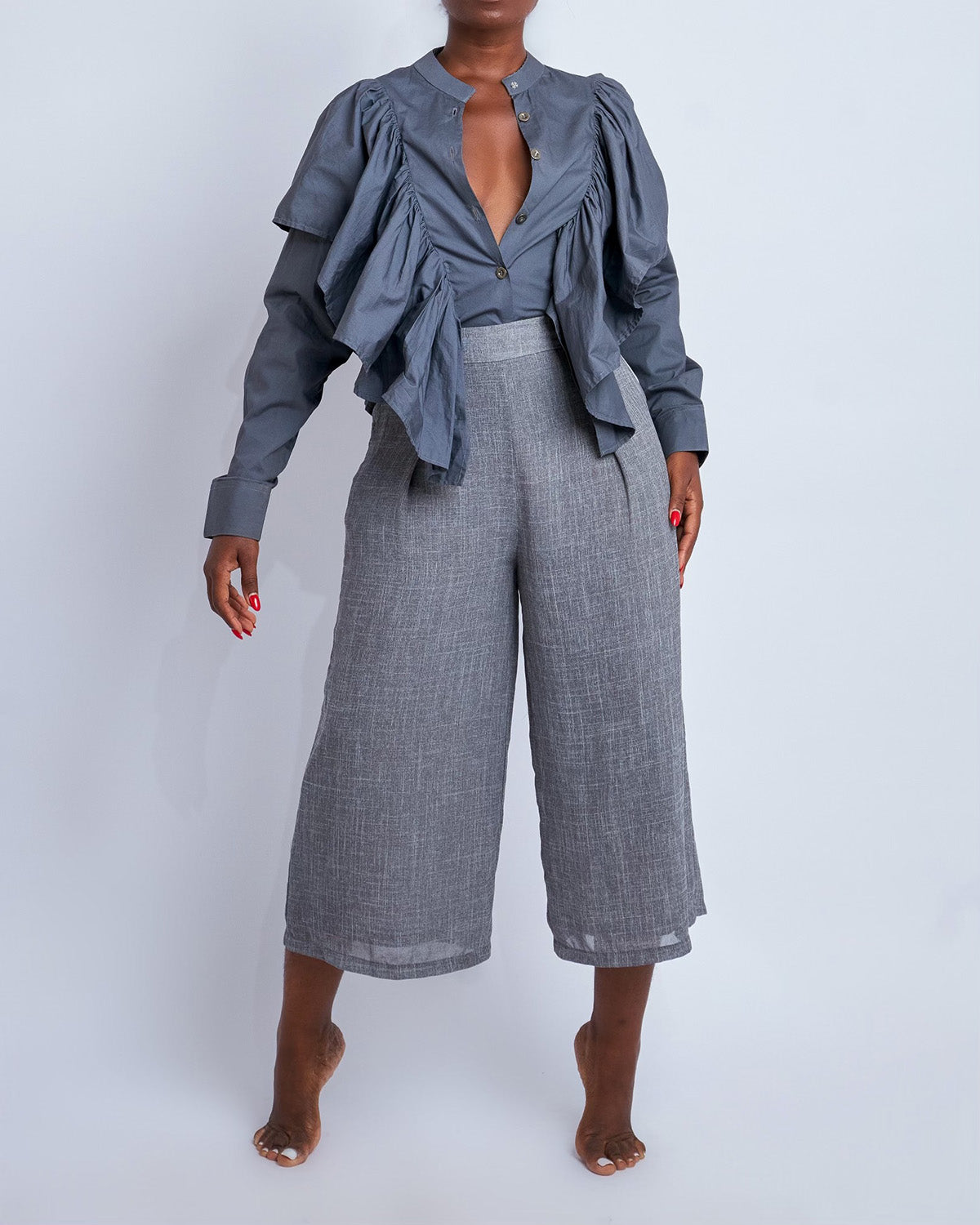 Slate Shirt with Dramatic Ruffle Detail