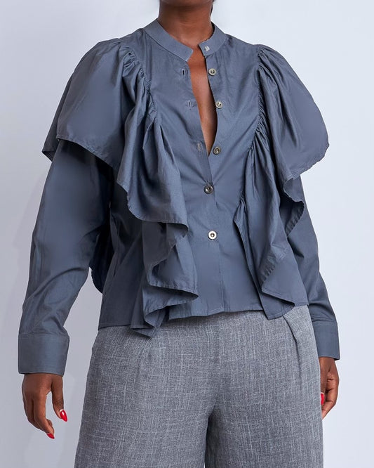 Slate Shirt with Dramatic Ruffle Detail