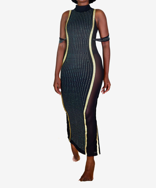Spandex party dress with diamanté details and sheer sides