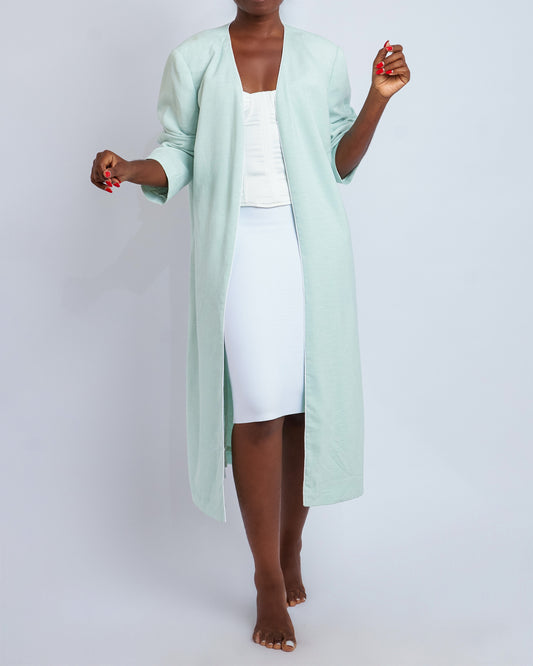 Mint green duster coat with white piping