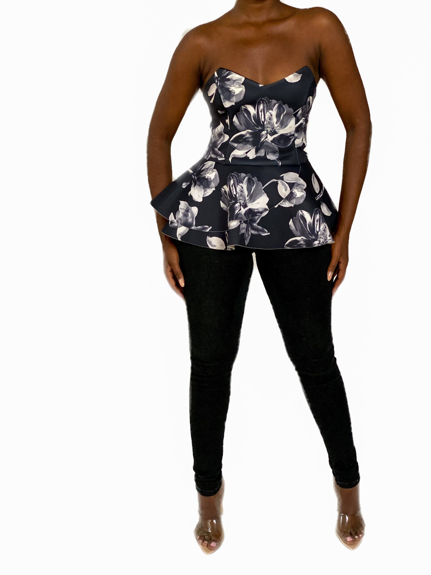 Floral scuba bandeau peplum top