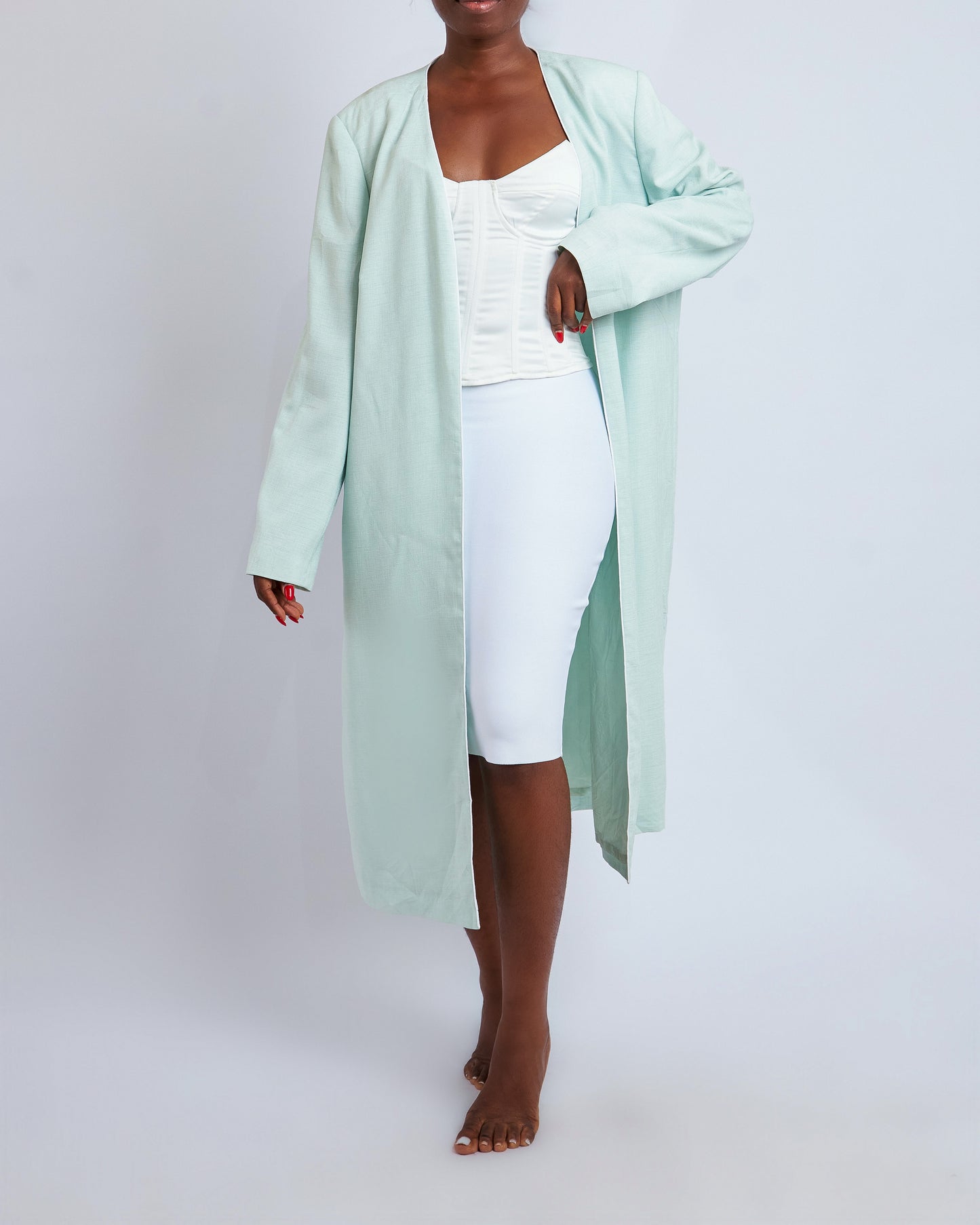 Mint green duster coat with white piping