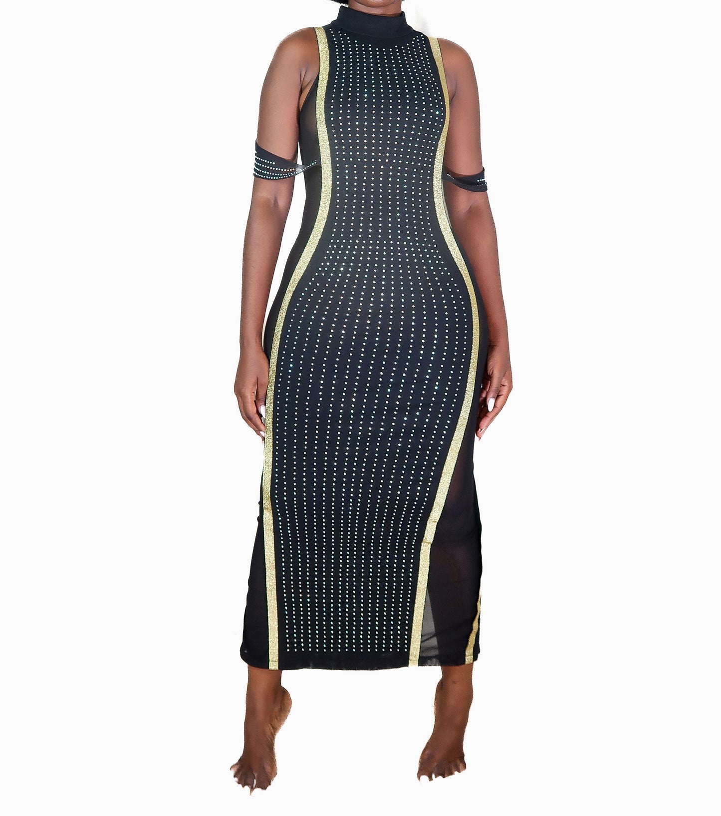 Spandex party dress with diamanté details and sheer sides