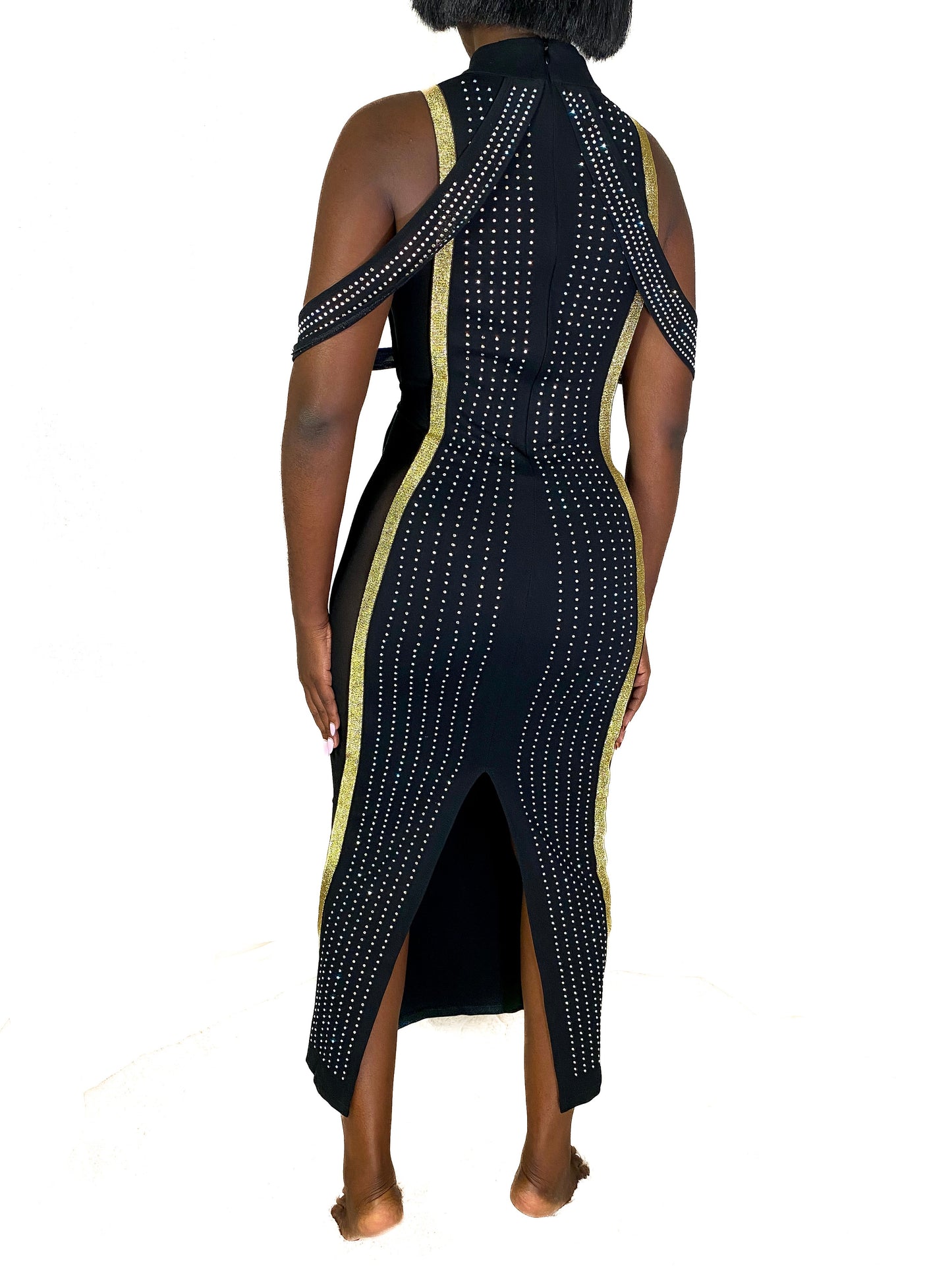 Spandex party dress with diamanté details and sheer sides