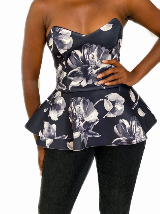 Floral scuba bandeau peplum top